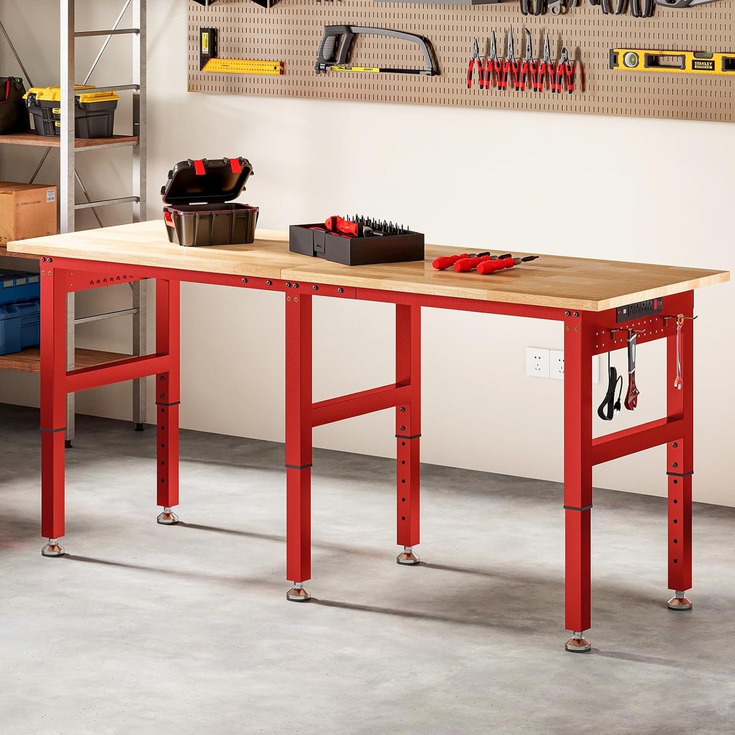 Jocisland 44" Red Adjustable Heavy Duty Workbench with 4 AC Outlet and 2 USB Ports Power Outlets, 2000 Lbs Capacity, Rubber Wood Top for Garage, Workshop, Office