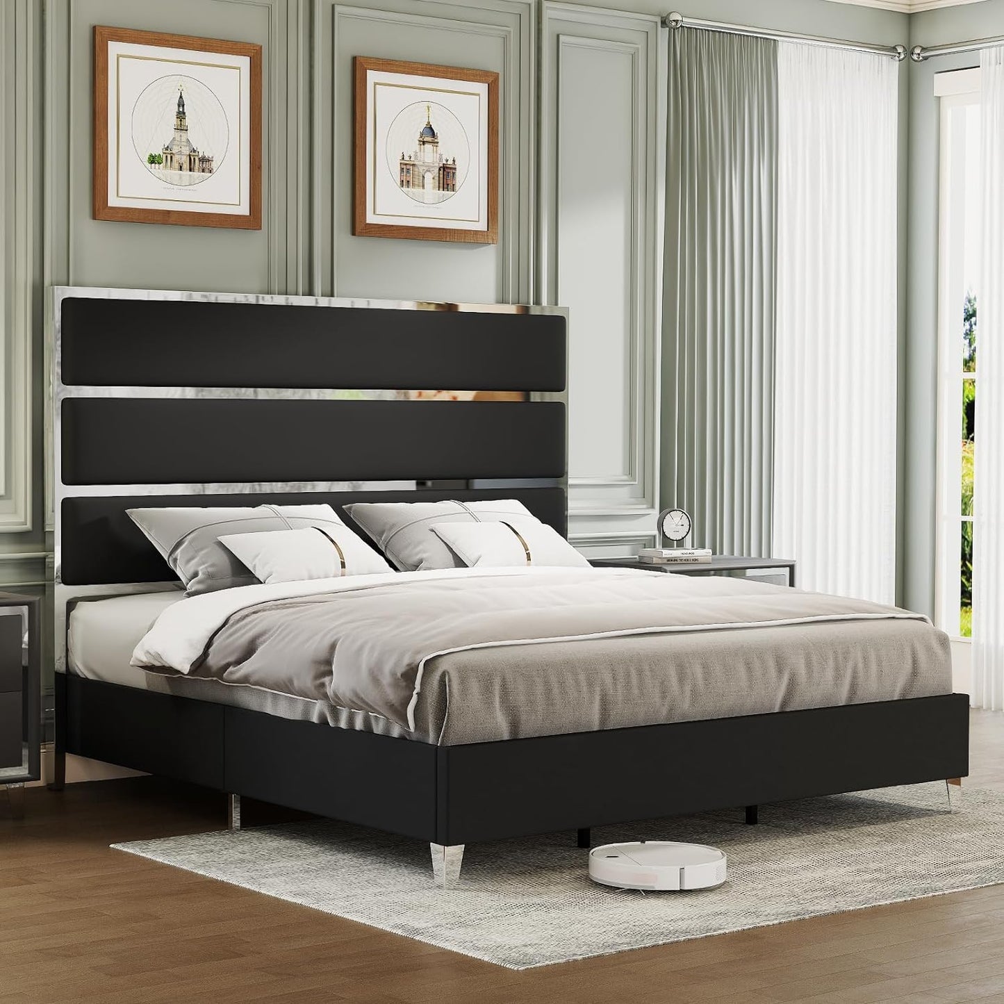 Bed Frame with 59" Headboard, Upholstered Platform Bed with Silver Mirrored Trim, Velvet Bed with Channel Tufted, Chrome Finish/Wood Slats