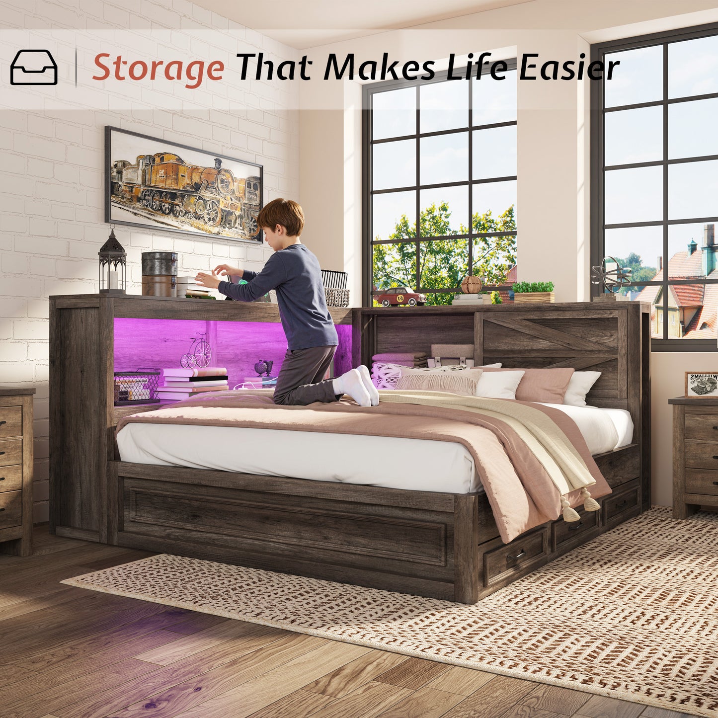 Jocisland Corner Bed Frame with Storage Drawers and Bookcase Headboard, Charging Station and Led Lights, Farmhouse Wood Daybed for Kids Teens, No Box Spring Needed