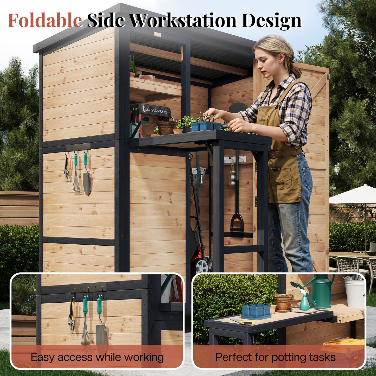 Jocisland Solid Fir Wood Outdoor Storage Shed,Garden Tool Shed with Foldable Workbench, Adjustable Shelves,Sloping Roof,Weatherproof Utility Cabinet for Backyard,Patio&Lawn, Poolside,2.76x5.15x5.9 FT