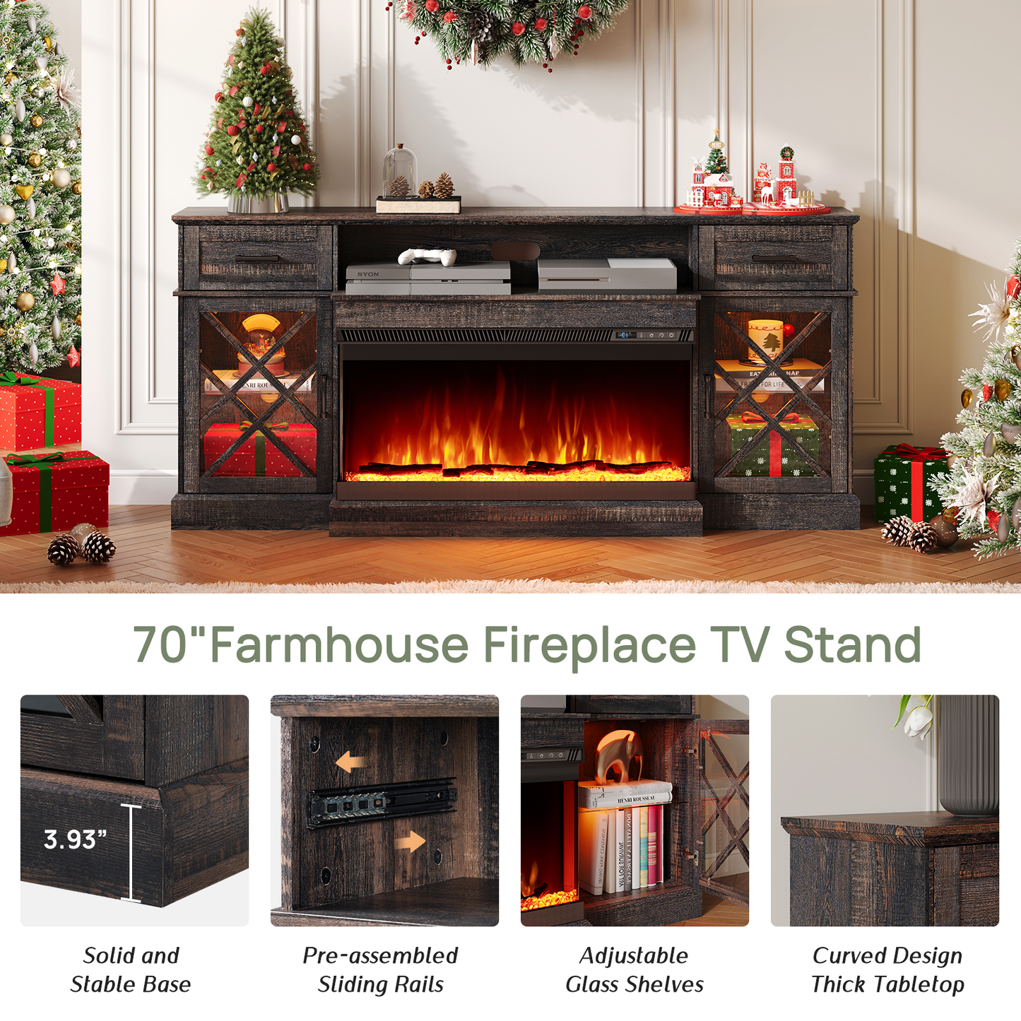 Merluxy Farmhouse LED Fireplace TV Stand with 3-Sided Glass Fireplace, 70" Large Entertainment Center for TVs up to 80", Rustic TV Console with Glass Door Storage for Living Room, Light Gray