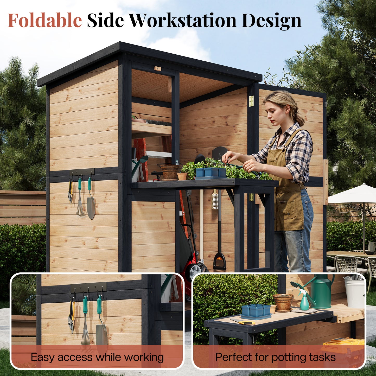 Jocisland Solid Wood Outdoor Storage Shed,Garden Tool Shed with Foldable Workbench, Adjustable Shelves,Slooping Roof,Weatherproof Utility Cabinet for Backyard,Patio&Lawn, Poolside