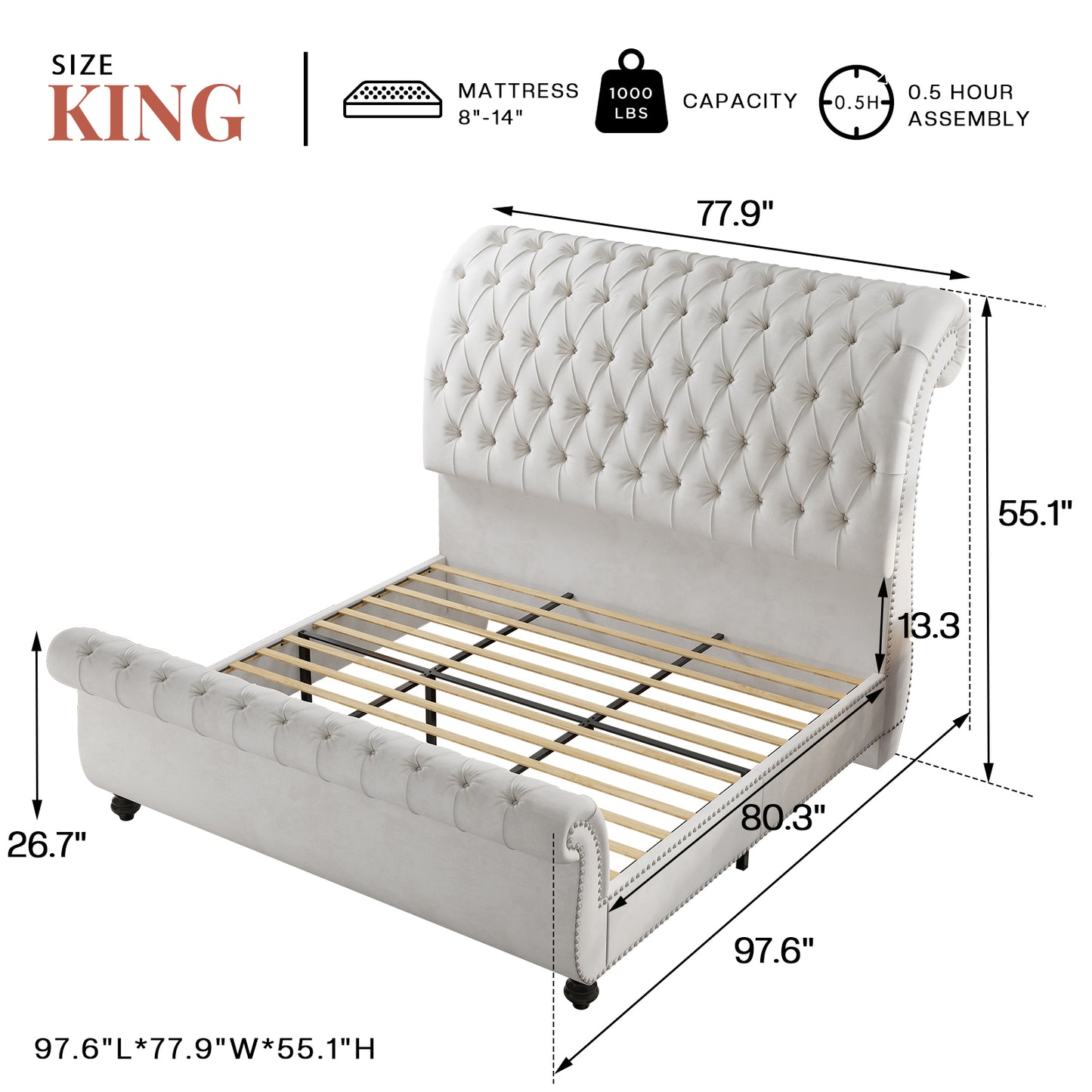 Jocisland Velvet Upholstered Platform Sleigh Bed Frame with Scroll Headboard & Footboard, Button Tufted