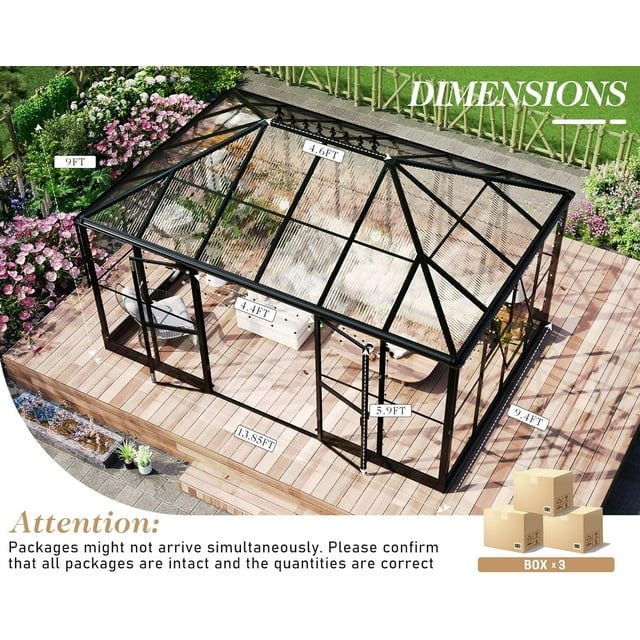 Jocisland 14x9.5x9 FT Pavilion Styled Greenhouse with Clear Panels Double Swing Doors, 6 FT Wall Height Hybrid Polycarbonate Greenhouse, Green Houses for Outdoors, Sunroom Black