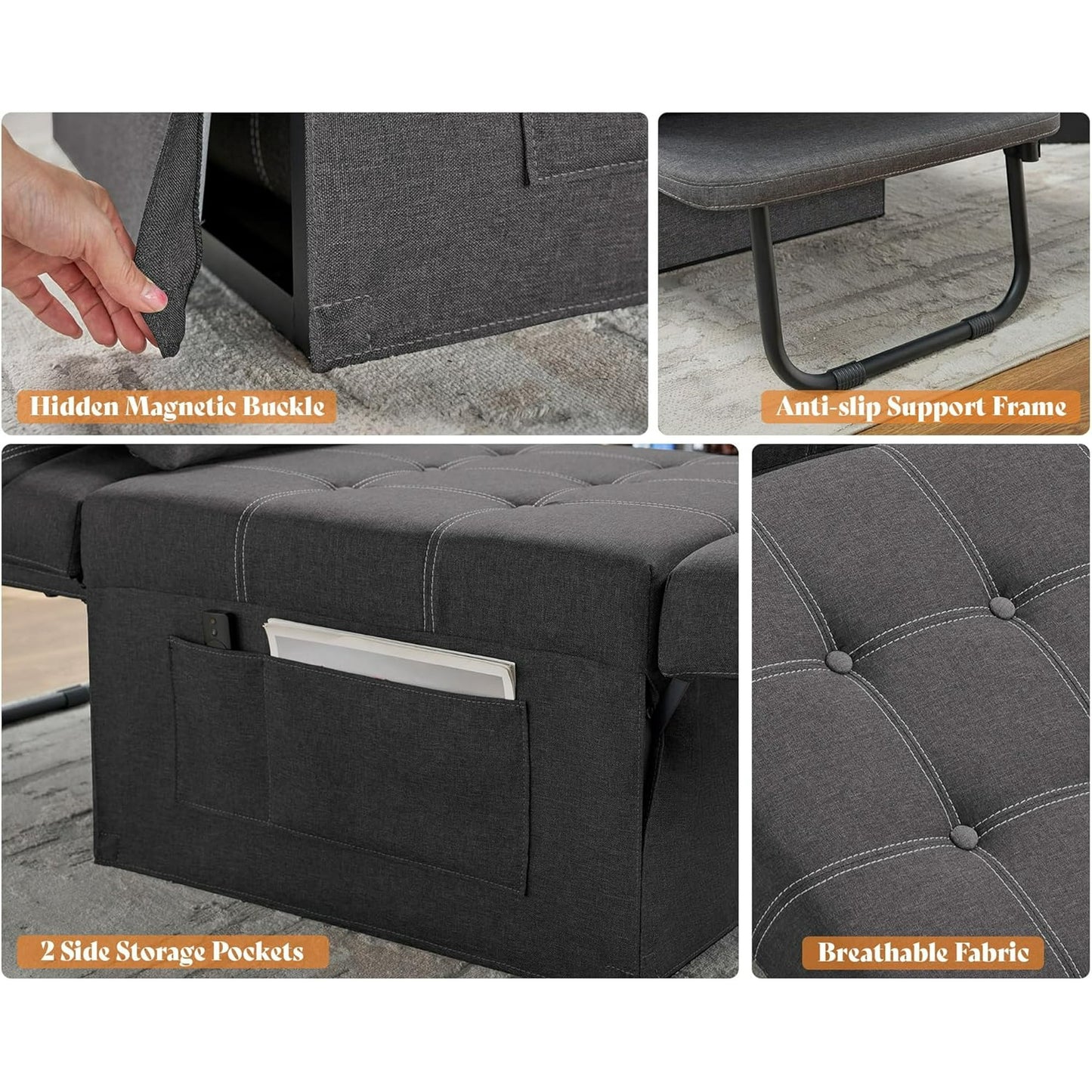 Sofa Bed, 4 in 1 Folding Bed with Adjustable Backrest, Convertible Sofa Bed- Sleeper Chair for Living Room, Apartment, Dark Grey Linen Couch