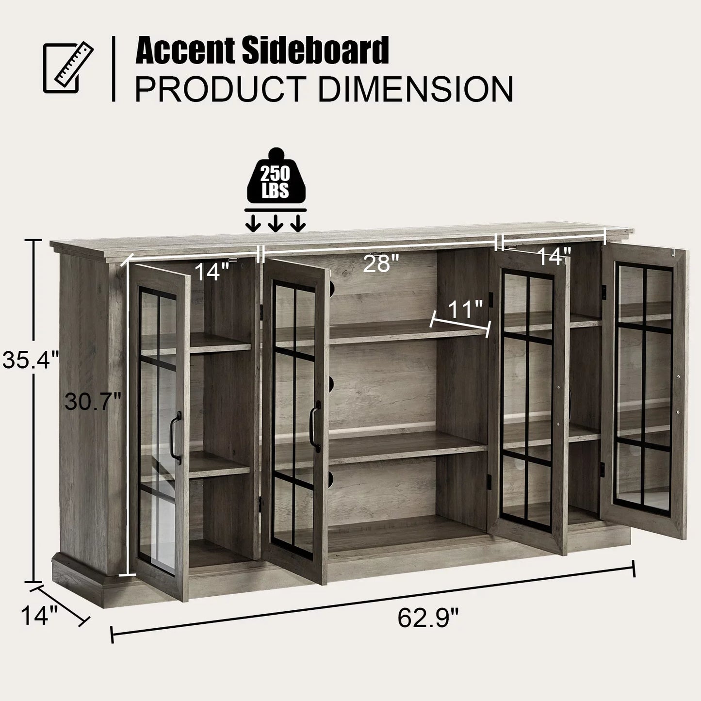 35" Sideboard, 6 Adjustable Shelves, 4 Doors, Washed Grey