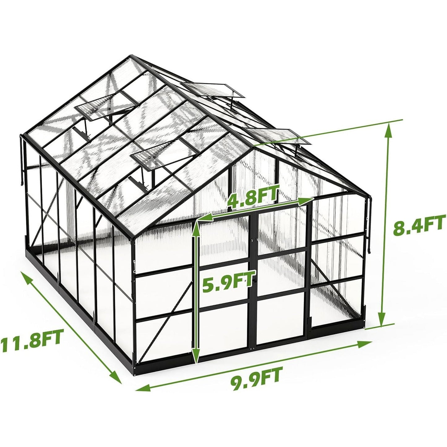 Jocisland 10x12 FT Polycarbonate Greenhouse with Rain Gutter & 4 Roof Vents, Heavy Duty Aluminum Greenhouse for Outdoor Garden Backyard, Black