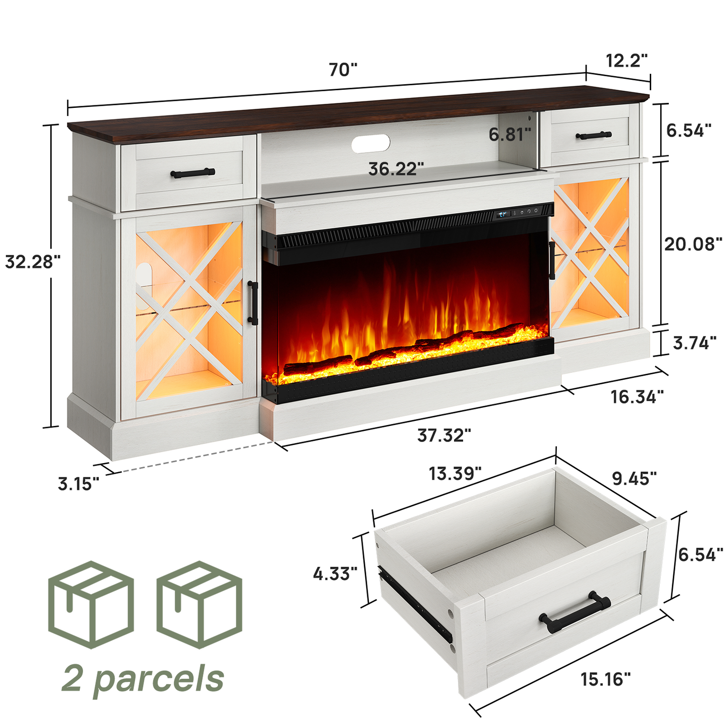 Merluxy Farmhouse LED Fireplace TV Stand with 3-Sided Glass Fireplace, 70" Large Entertainment Center for TVs up to 80", Rustic TV Console with Glass Door Storage for Living Room, Light Gray