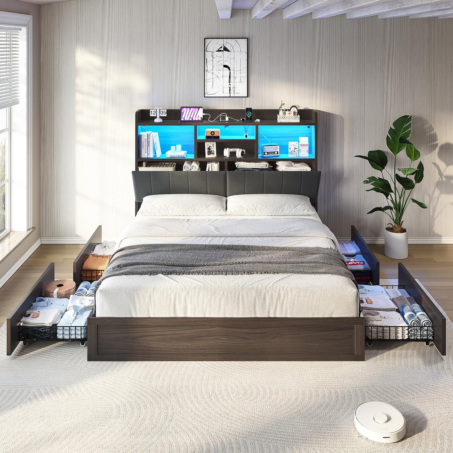 VANACC Farmhouse Bed Frame with Bookcase Headboard and 4 Drawers, LED Storage Bed with Charging Station & Linen Upholstered, No Box Spring Needed