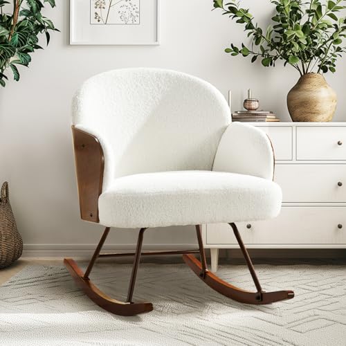 Modern Rocking Chair Nursery - Solid Wood Teddy Velvet Upholstered Glider Rocker Accent Armchair with Bentwood Frame, Comfy Side Chair for Living Room Bedroom