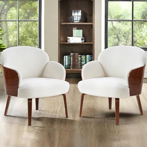 Mid Century Modern Accent Chairs Set of 2 - Plush Teddy Velvet Upholstered Armchair with Solid Bentwood Frame, Comfy Vanity Chair for Living Room Bedroom Reading Makeup Room