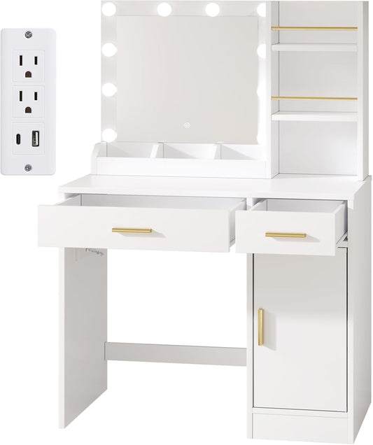 AMERLIFE 35.5" Make up Vanity Desk with Mirror and Lights, Vanity with Lights 3 Models Settings & Power Outlet, Vanity Desk with 2 Drawers, 1 Cabinets, Shelves, Makeup Vanity for Bedroom, White