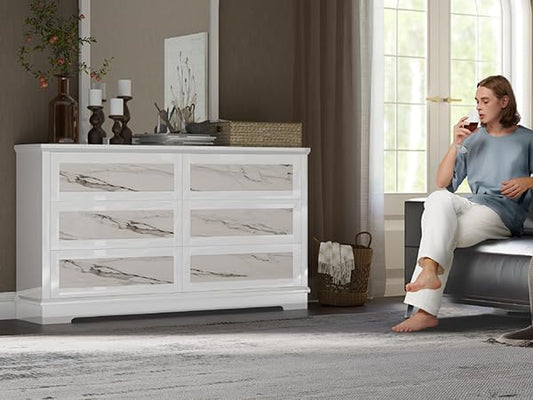 Natural Marble 6 Drawer Dresser, 54" High-Gloss Chest of Drawers No Handles for Bedroom, Living Room, Modern, White