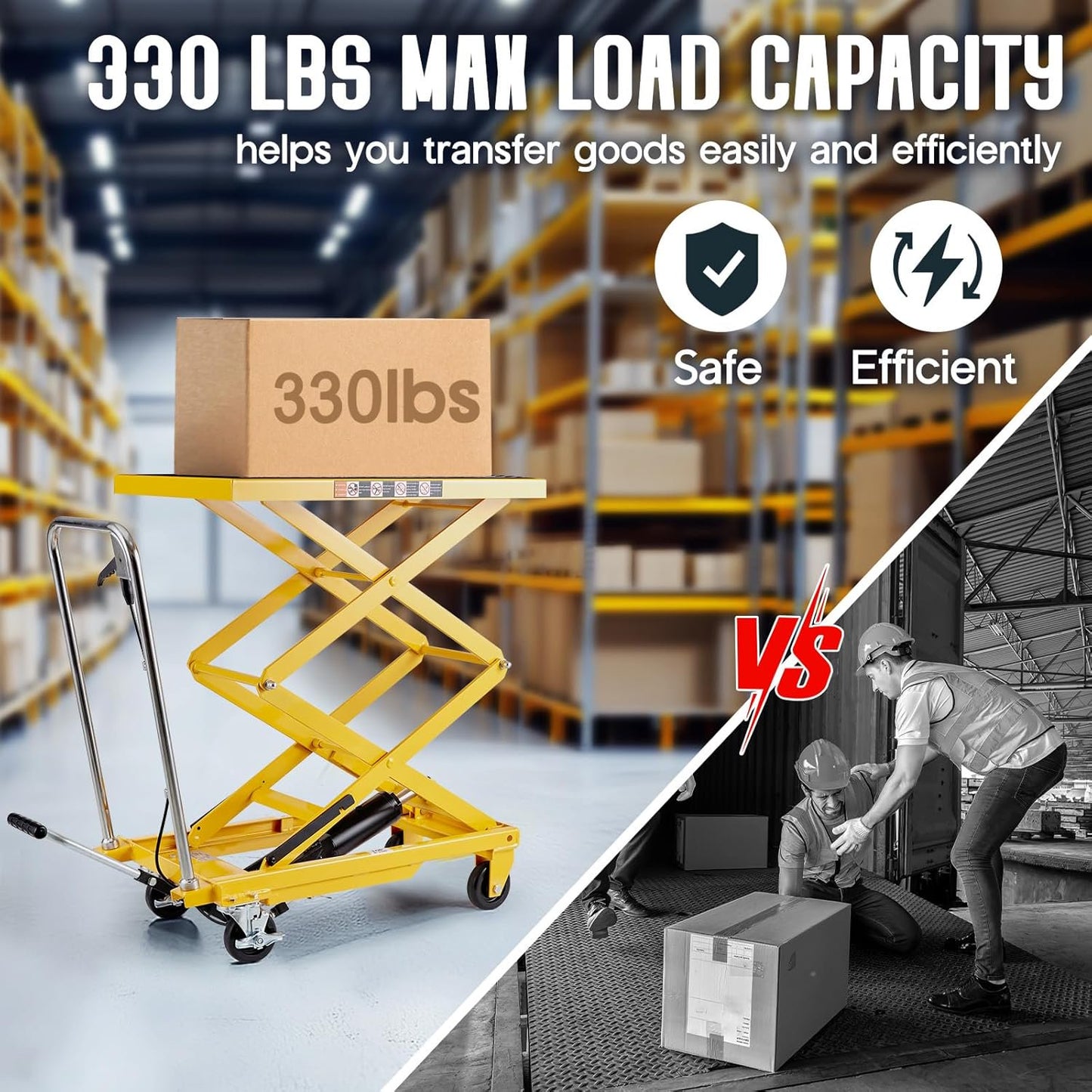 Jocisland Hydraulic Lift Table Cart, 330lbs Capacity 50" Lifting Height, Double Scissor Lift Table with 4 Wheels and Non-Slip Pad, hydraulic lift table for Material Handling, Yellow