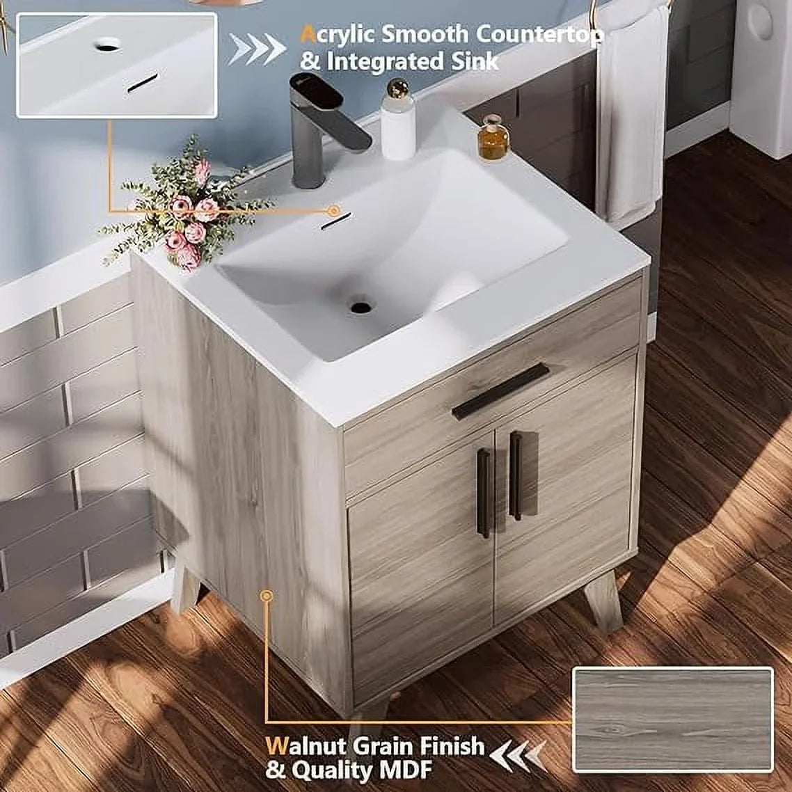 24.5" Bathroom Vanity with Sink Combo, Mid-Century Small Single Bathroom Cabinet Set, Grey