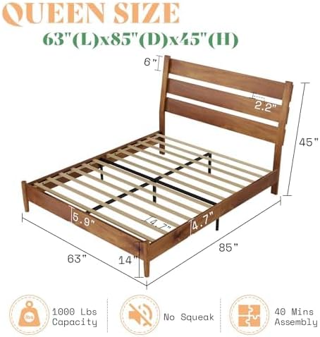 Solid Wood Bed Frame, Mid Century Platform Bed with Reclining Slatted Headboard, Wood Slat Support/No Box Spring Needed/Noise Free,