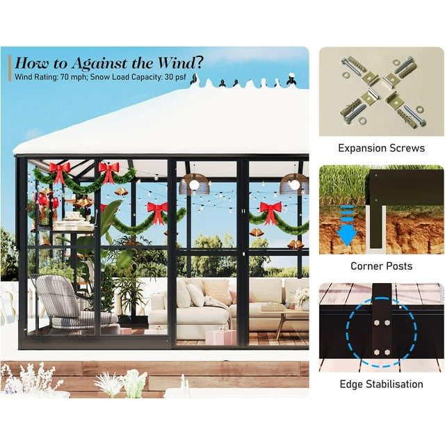 Jocisland 14x9.5x9 FT Pavilion Styled Greenhouse with Clear Panels Double Swing Doors, 6 FT Wall Height Hybrid Polycarbonate Greenhouse, Green Houses for Outdoors, Sunroom Black