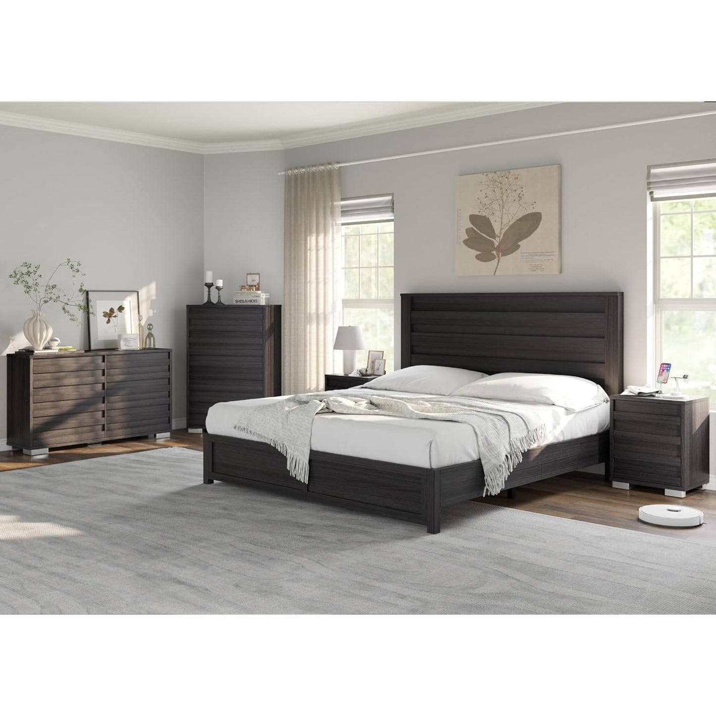 AMERLIFE 5 Piece Farmhouse Bedroom Set, Queen Bed Frame with 49" Fluted Headboard, 54" Wide 6 Drawer Dresser, 47" High 5 Drawer Dresser, 2 Drawer Nightstand with Charging Stand, Black