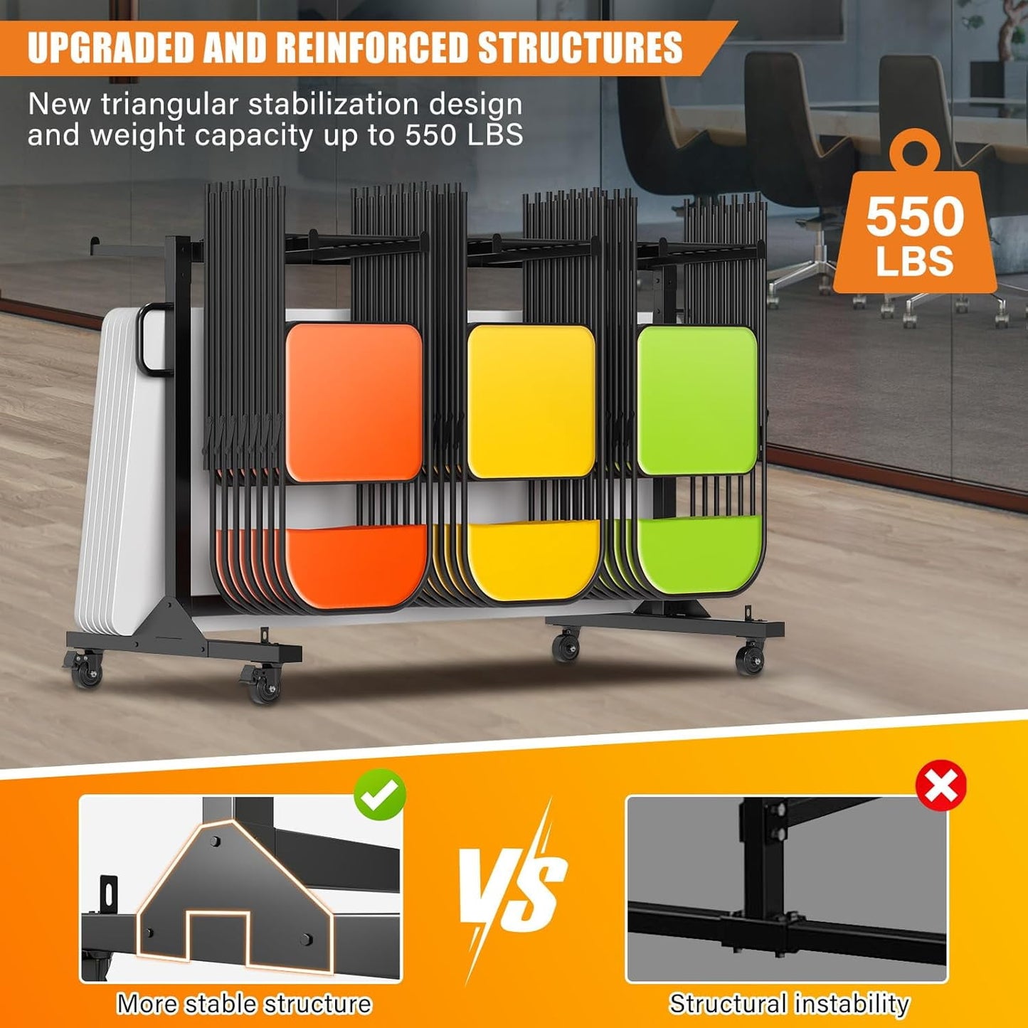 Jocisland Folding Chair Rack 12 Tables or 42 Chairs Storage 550 LBS Capacity Heavy-duty Folding Chair Cart With Wheels, 2 Elastic Cords, Cover, Black