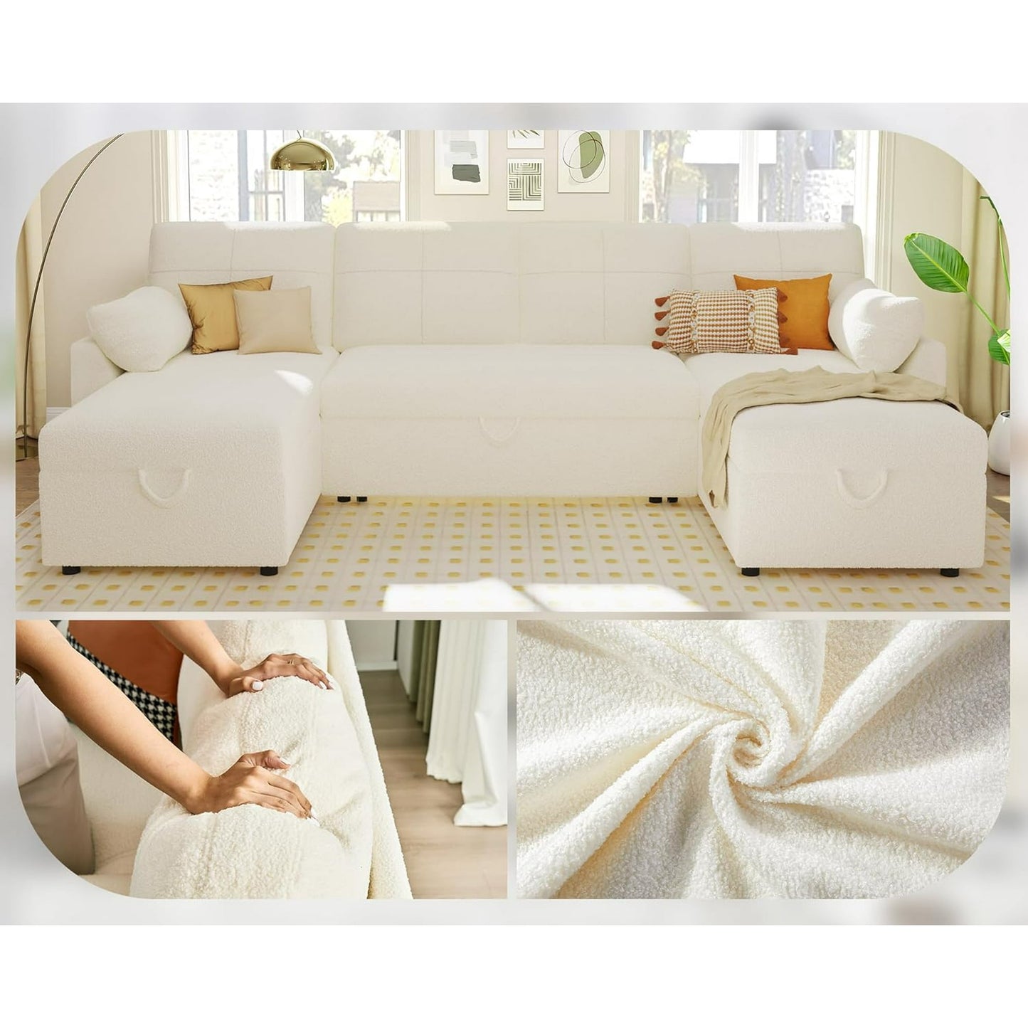 Sleeper Sofa, 110 inch Overisze Sofa Bed with 2 Storage Chaise for Living Room, White Boucle