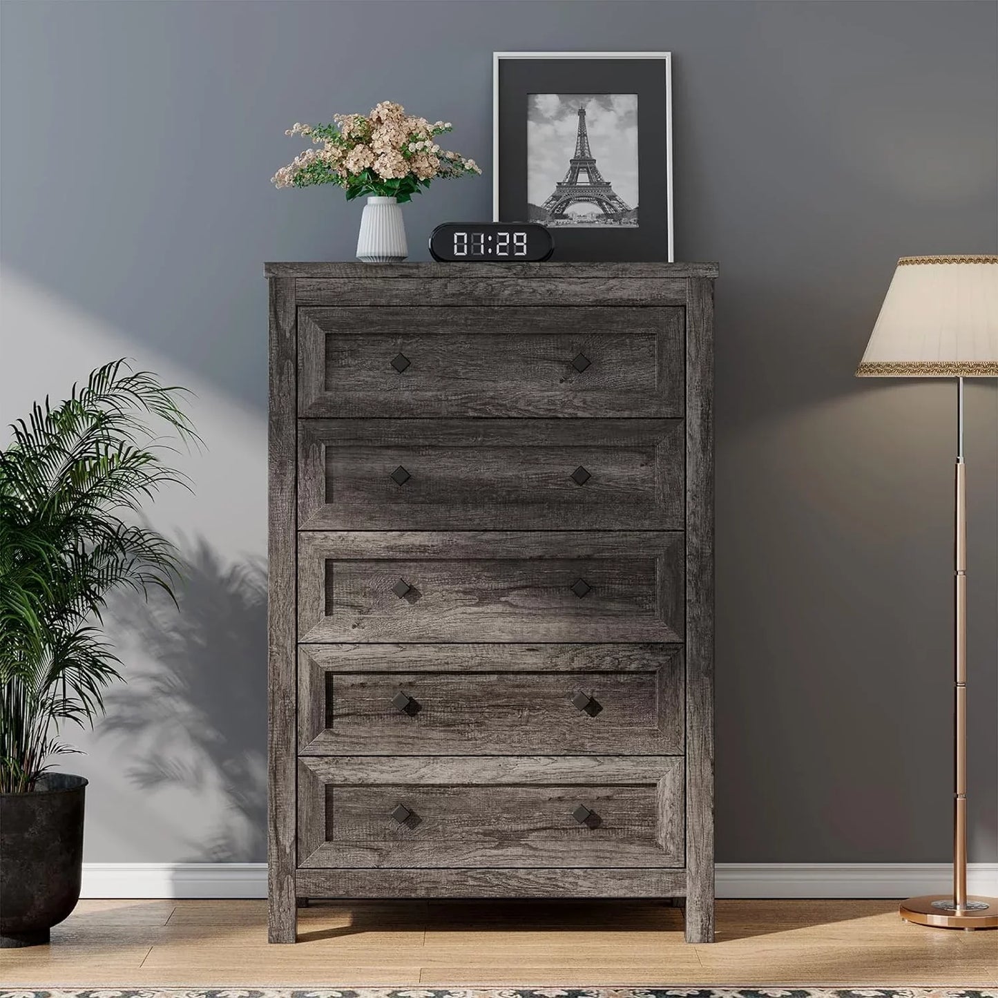 Farmhouse 5 Drawers Dresser, Wood Chest of Drawers for Bedroom, Living Room, Washed Ash