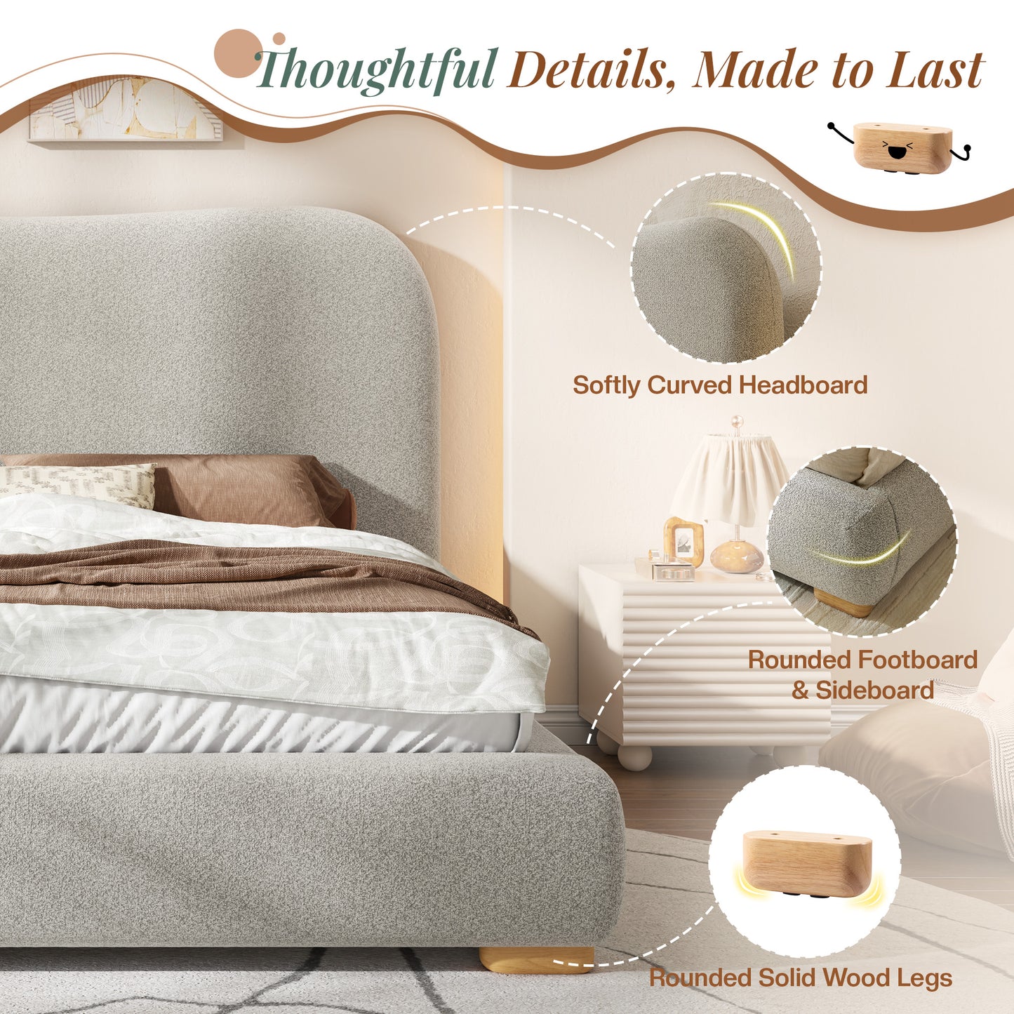 Jocisland Cloud Bed Frame, 7.1" Thick Curved Headboard, Soft Rounded Corners Kid & Pet Safe Design, Modern Upholstered Platform Bed, No Box Spring Needed, Easy Assembly