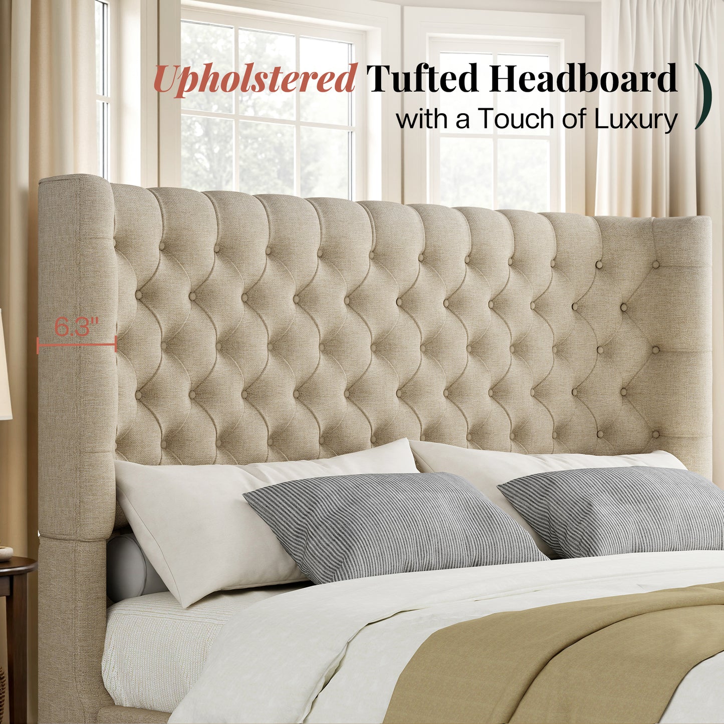 Jocisland Platform Bed Frame, 6.3" Thick Upholstered Curved Wingback Headboard and Footboard with Deep Button Tufted, Easy Assembly, No Box Spring Needed