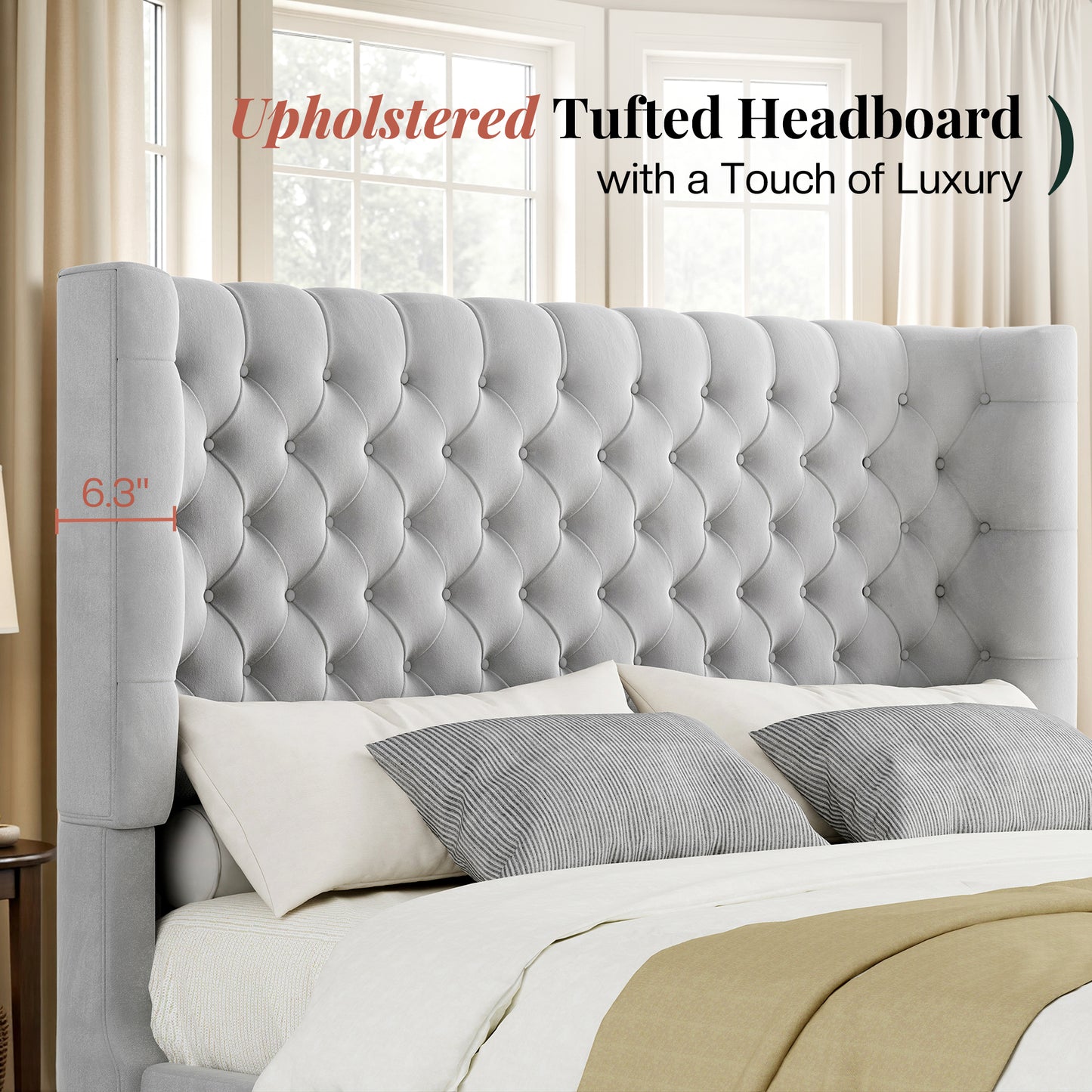 Jocisland Platform Bed Frame, 6.3" Thick Upholstered Curved Wingback Headboard and Footboard with Deep Button Tufted, Easy Assembly, No Box Spring Needed
