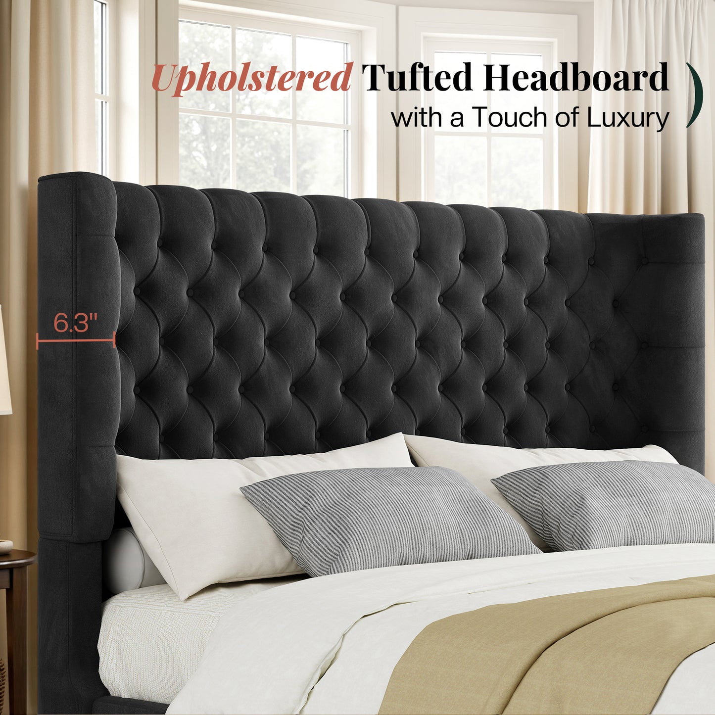 Jocisland Platform Bed Frame, 6.3" Thick Upholstered Curved Wingback Headboard and Footboard with Deep Button Tufted, Easy Assembly, No Box Spring Needed