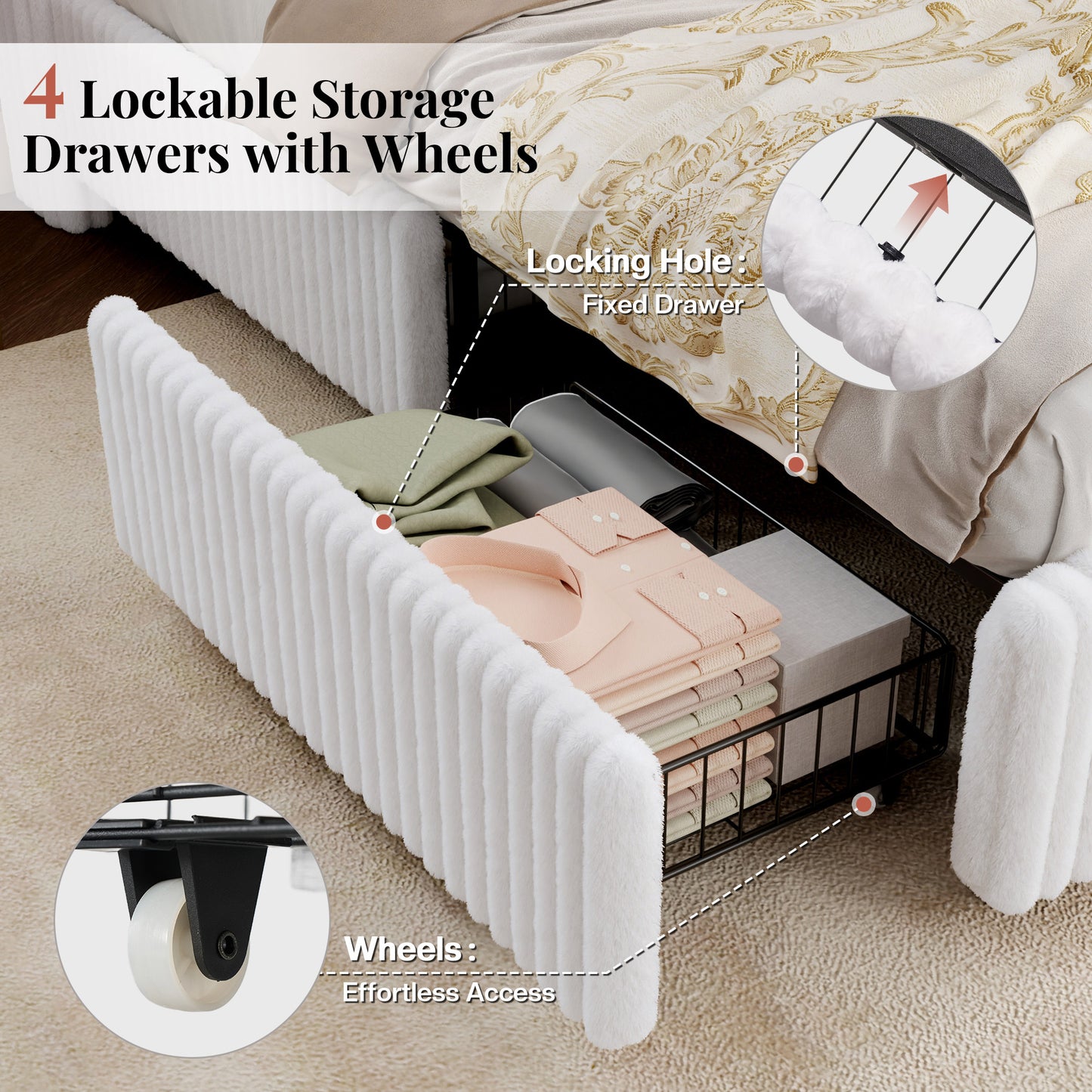 Jocisland Upholstered Corduroy Bed Frame with 4 Storage Drawers, 51.2" Tall Wingback Headboard, LED Lights & Charging Station, Platform Bed No Box Spring Needed, Easy Assembly