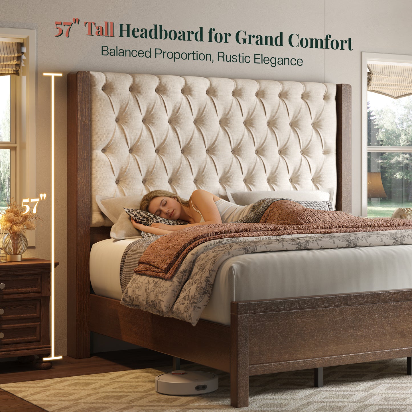 Jocisland Solid Wood Bed Frame, 57" Tall Farmhouse Platform Beds, Upholstered Line Wingback Headboard, Deep Button Tufted, No Box Spring Needed, Easy Assembly