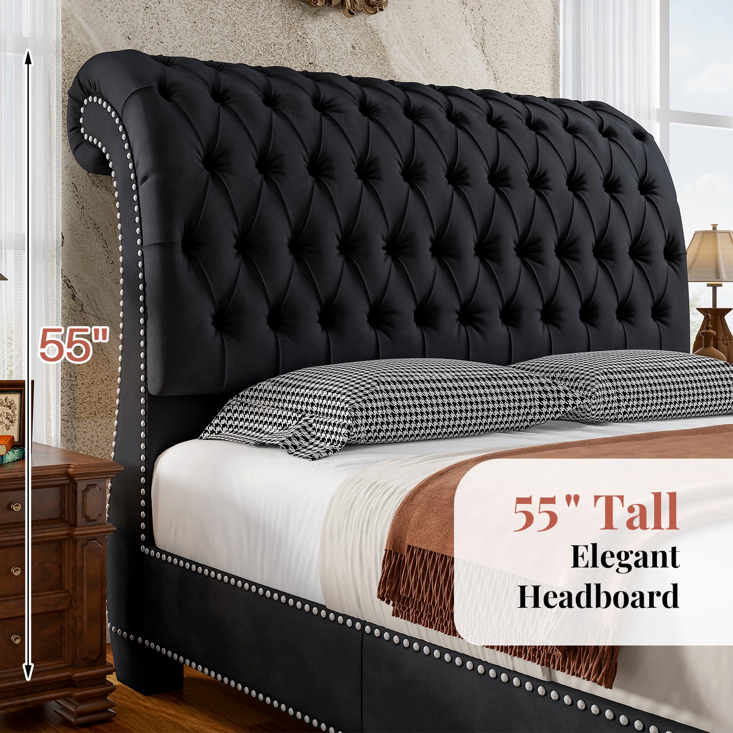 Jocisland Velvet Upholstered Platform Sleigh Bed Frame with Scroll Headboard & Footboard, Button Tufted