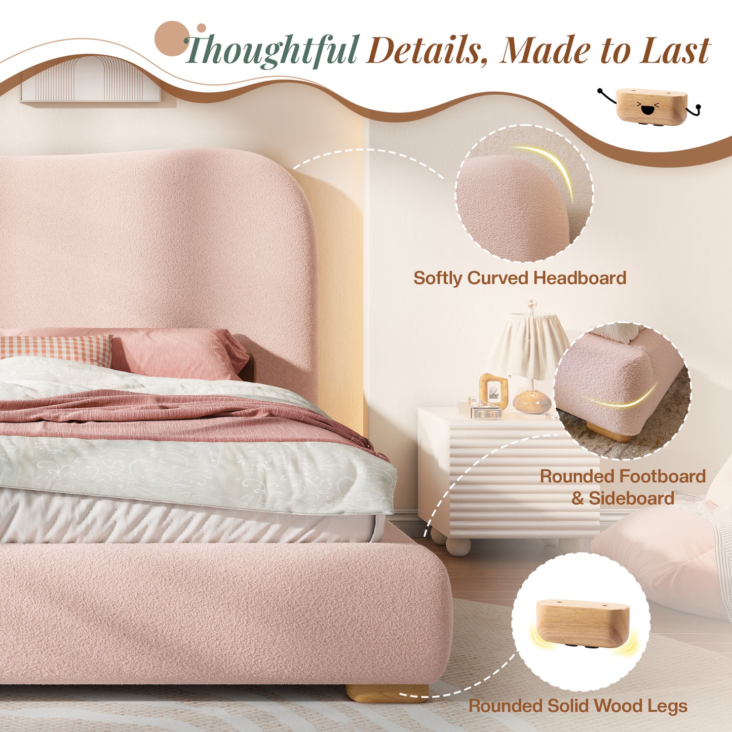 Jocisland Cloud Bed Frame, 7.1" Thick Curved Headboard, Soft Rounded Corners Kid & Pet Safe Design, Modern Upholstered Platform Bed, No Box Spring Needed, Easy Assembly
