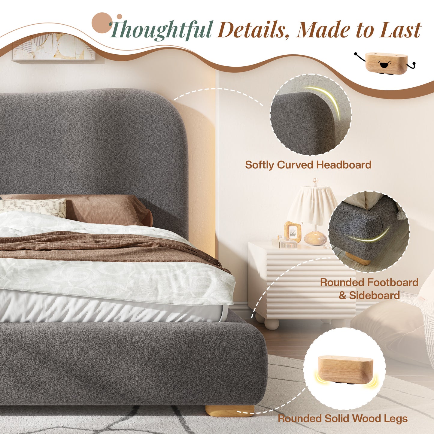 Jocisland Cloud Bed Frame, 7.1" Thick Curved Headboard, Soft Rounded Corners Kid & Pet Safe Design, Modern Upholstered Platform Bed, No Box Spring Needed, Easy Assembly