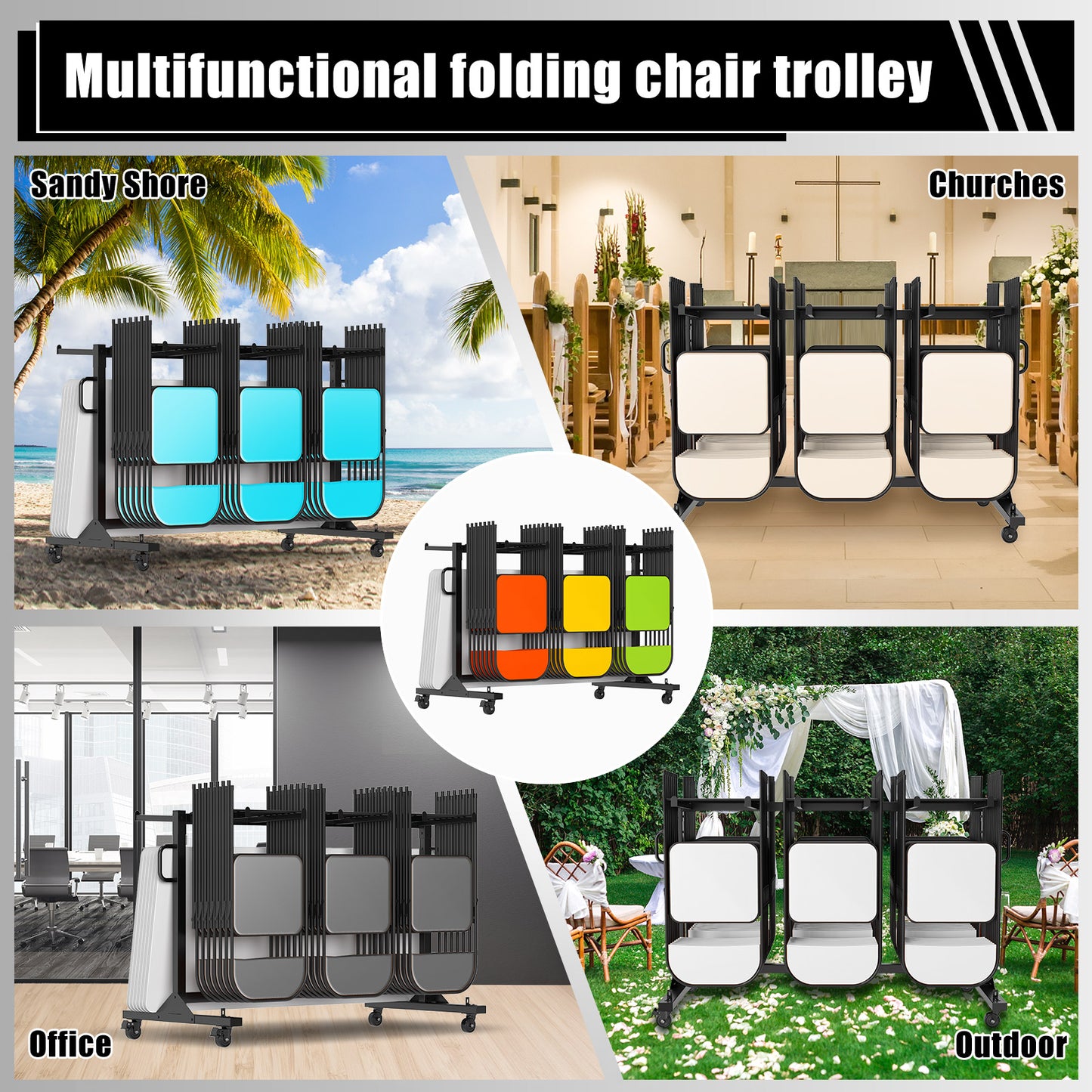 Jocisland Folding Chair Rack, Holds 12 Tables or 42 Chairs, 550 lbs Capacity, Heavy-Duty Cart with Wheels, Elastic Cords, Cover, Glossy Black