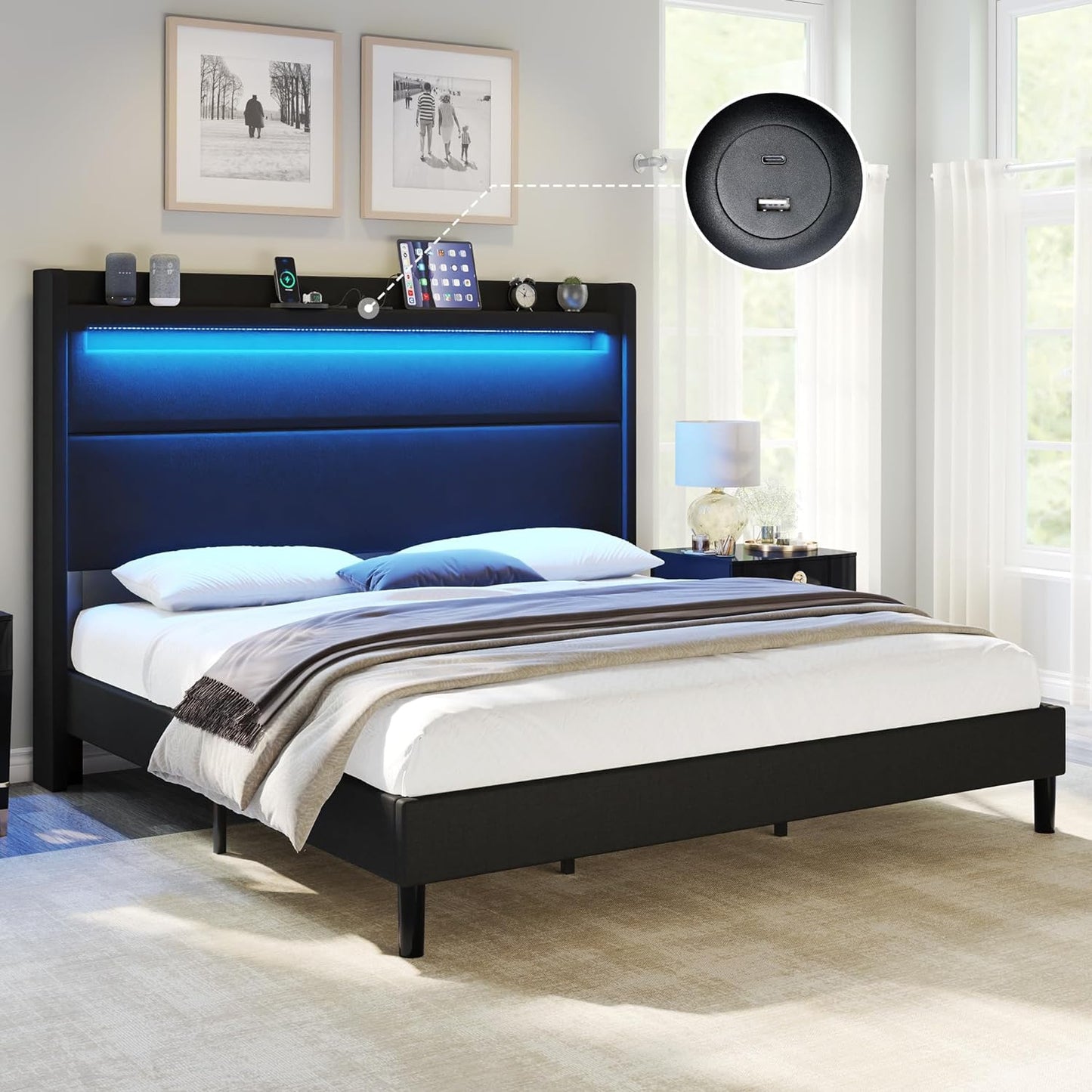 Bed Frame with LED Lights & Wingback Headboard, Upholstered Platform Bed with USB & USB-C Ports, No Box Spring Needed/Noise Free