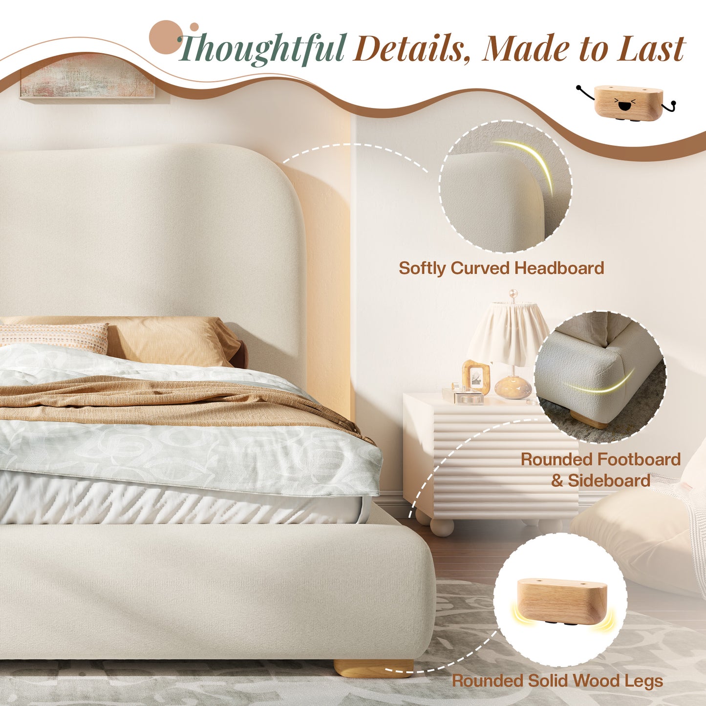Jocisland Cloud Bed Frame, 7.1" Thick Curved Headboard, Soft Rounded Corners Kid & Pet Safe Design, Modern Upholstered Platform Bed, No Box Spring Needed, Easy Assembly
