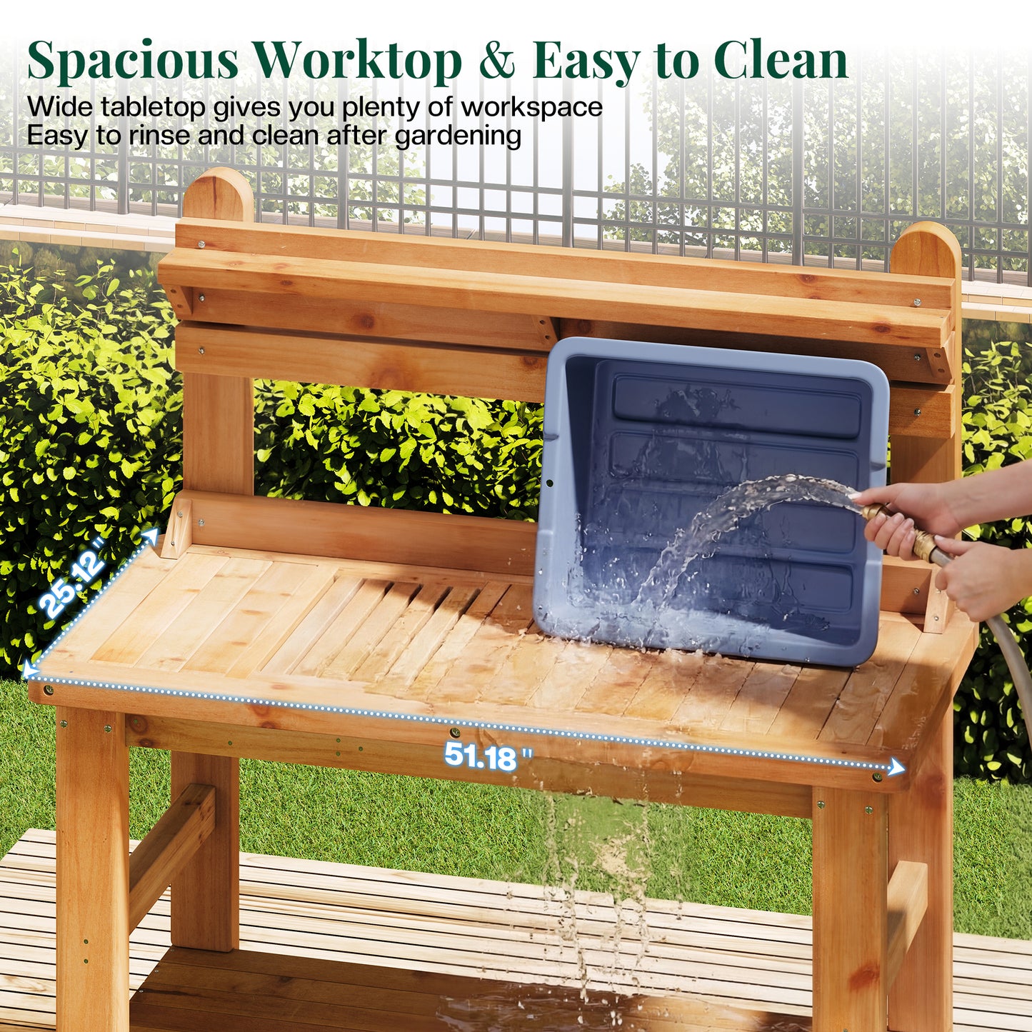 Jocisland Solid Wood Outdoor Potting Bench Table with Large Tabletop, Heavy-Duty Garden Workstation with Removable Plastic Bin, Multi-Level Storage Shelf, Easy Assembly for Patio, Yard & Gardening