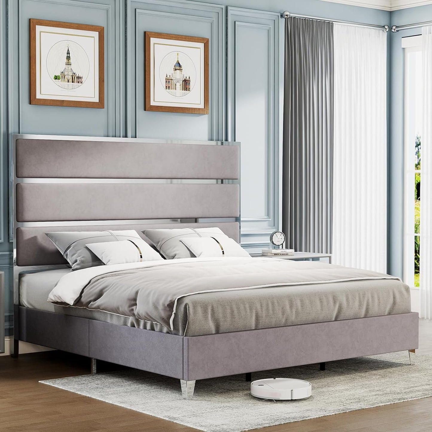 Bed Frame with 59" Headboard, Upholstered Platform Bed with Silver Mirrored Trim, Velvet Bed with Channel Tufted, Chrome Finish/Wood Slats