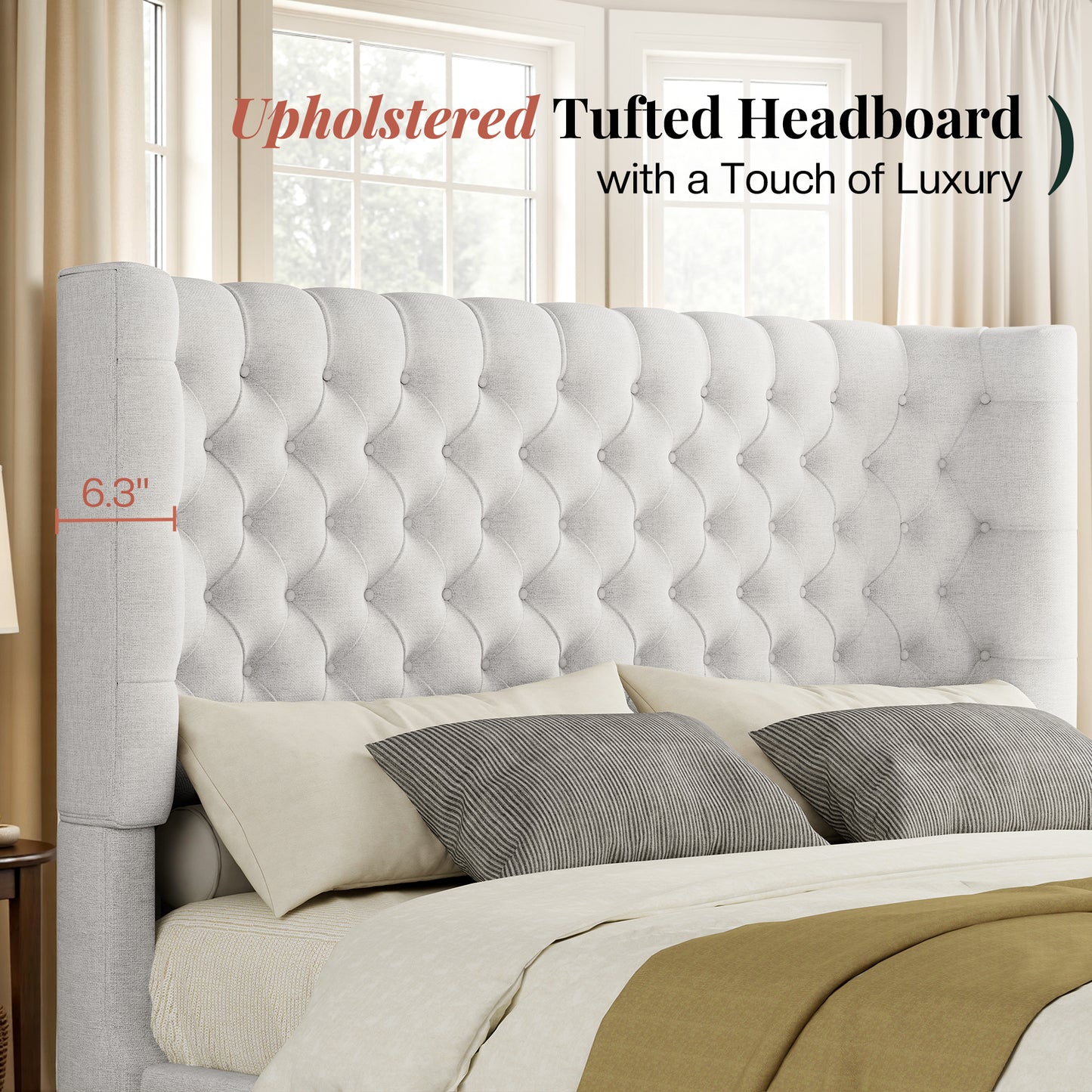 Jocisland Platform Bed Frame, 6.3" Thick Upholstered Curved Wingback Headboard and Footboard with Deep Button Tufted, Easy Assembly, No Box Spring Needed