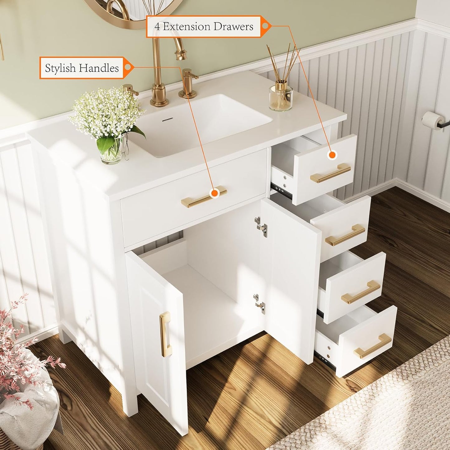 Fluorescent Bathroom Vanity with Sink Combo, Noctilucent Modern Small Single Bathroom Cabinet Set, Includes Luminous Countertop & Sink, Soft Closing Doors & Drawers