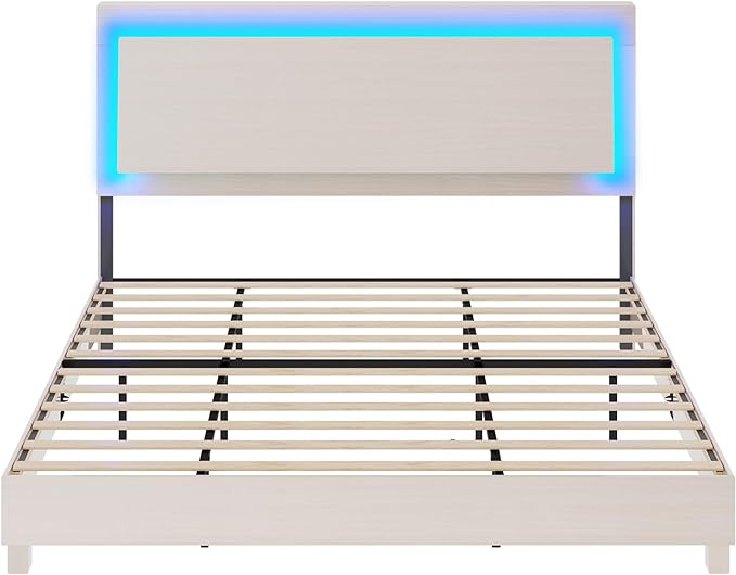 Platform Bed Frame with Smart RGBW LED Lights, High Gloss Wooden Bed Frame with Floating Ergonomic Headboard, Slats Support/No Box Spring Needed