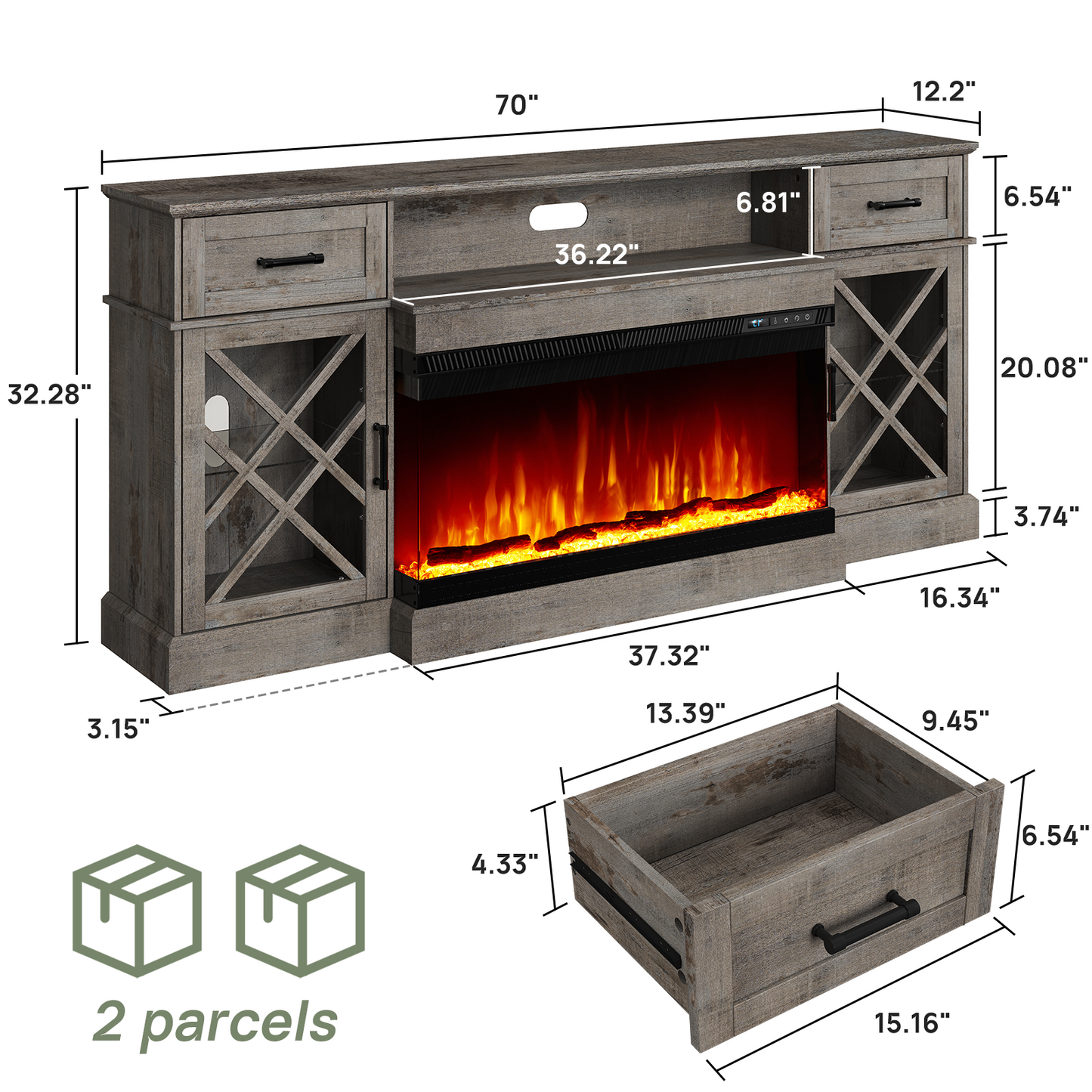 Merluxy Farmhouse LED Fireplace TV Stand with 3-Sided Glass Fireplace, 70" Large Entertainment Center for TVs up to 80", Rustic TV Console with Glass Door Storage for Living Room, Light Gray