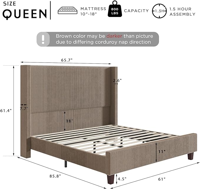 Corduroy Upholstered Bed Frame, Platform Bed with Vertical Stripe Wingback Headboard, No Box Spring Needed/Noise Free/Solid Wood Slats & Legs