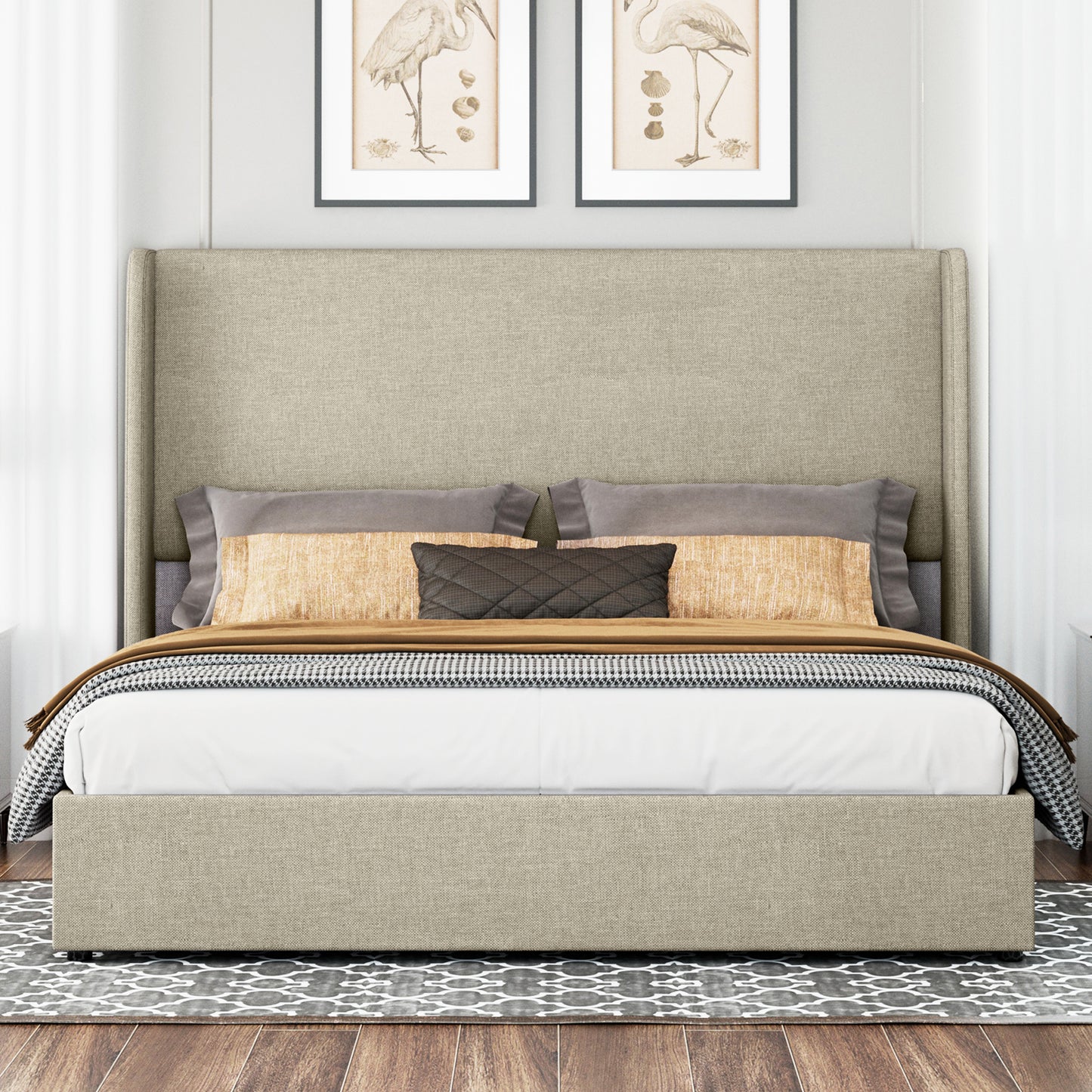 Jocisland Upholstered Platform Bed Frame with Hydraulic Lift Storage, Wingback Headboard, Wood Slats Support, No Box Spring Needed