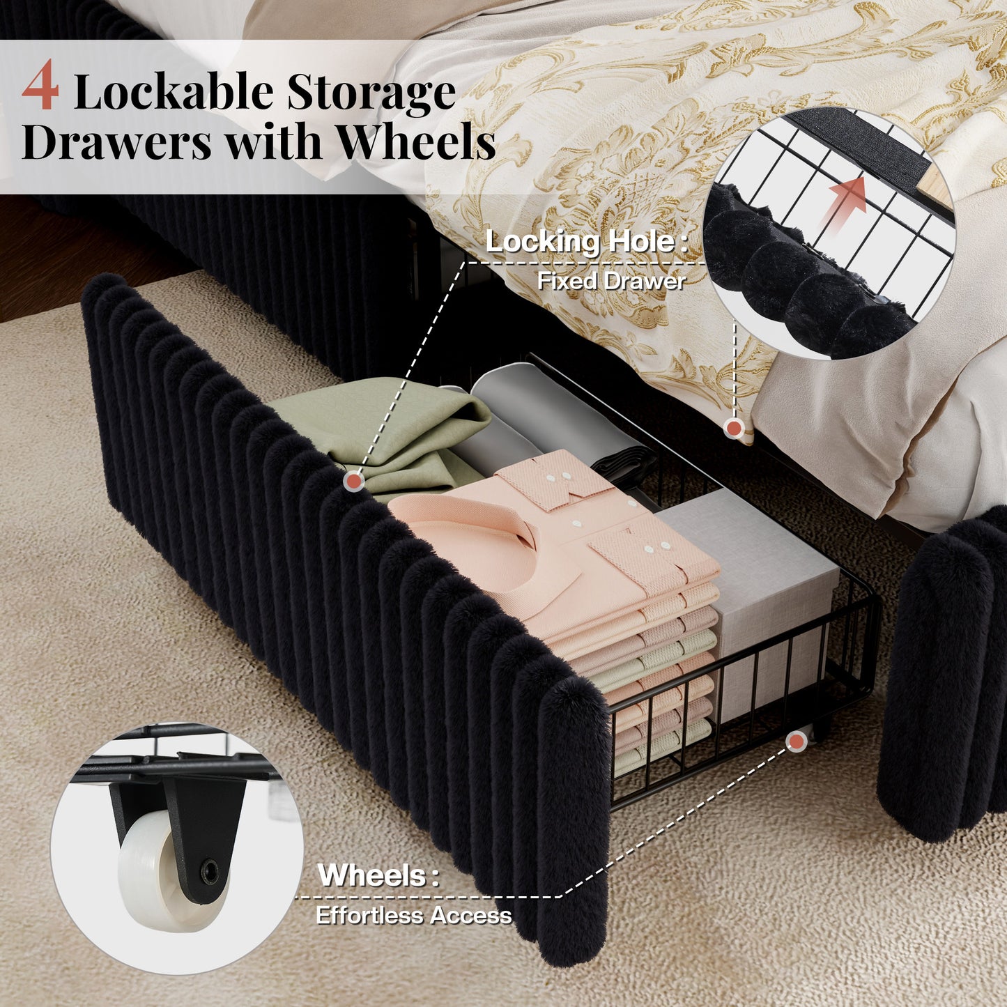 Jocisland Upholstered Corduroy Bed Frame with 4 Storage Drawers, 51.2" Tall Wingback Headboard, LED Lights & Charging Station, Platform Bed No Box Spring Needed, Easy Assembly