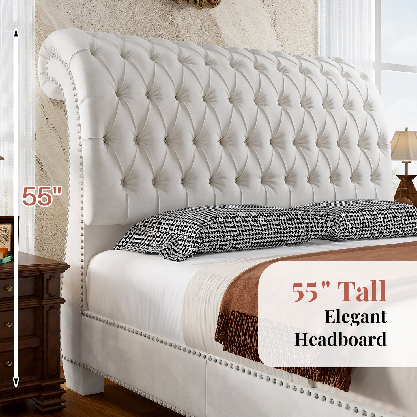 Jocisland Velvet Upholstered Platform Sleigh Bed Frame with Scroll Headboard & Footboard, Button Tufted