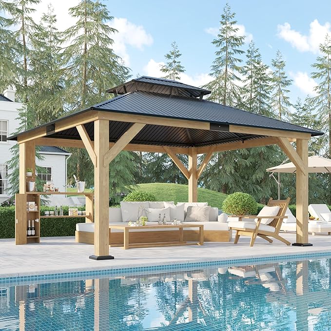 Jocisland Wood Gazebo, Hardtop Gazebo with Aluminum Double Roof, Outdoor Gazebo with Wood Frame for Parties, Backyard, Lawns, Patio, Black + Natural Wood