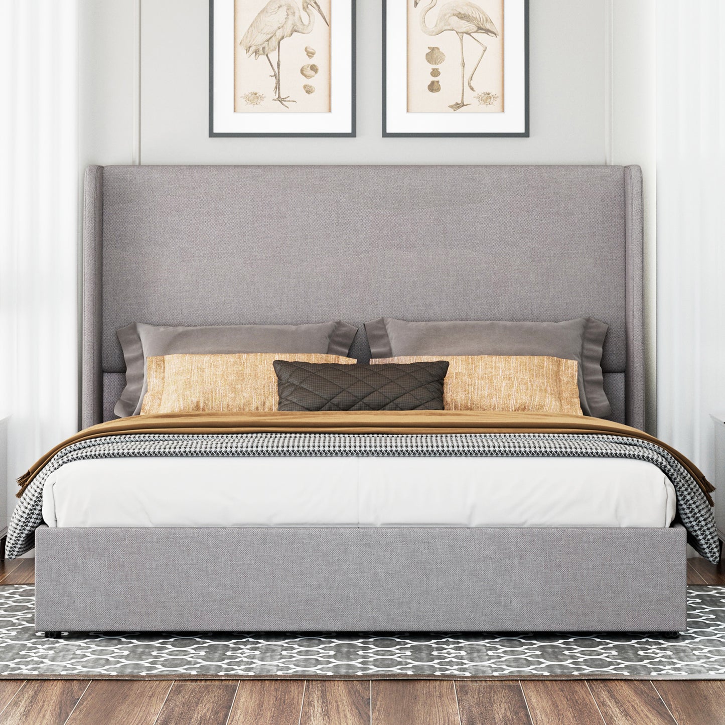 Jocisland Upholstered Platform Bed Frame with Hydraulic Lift Storage, Wingback Headboard, Wood Slats Support, No Box Spring Needed