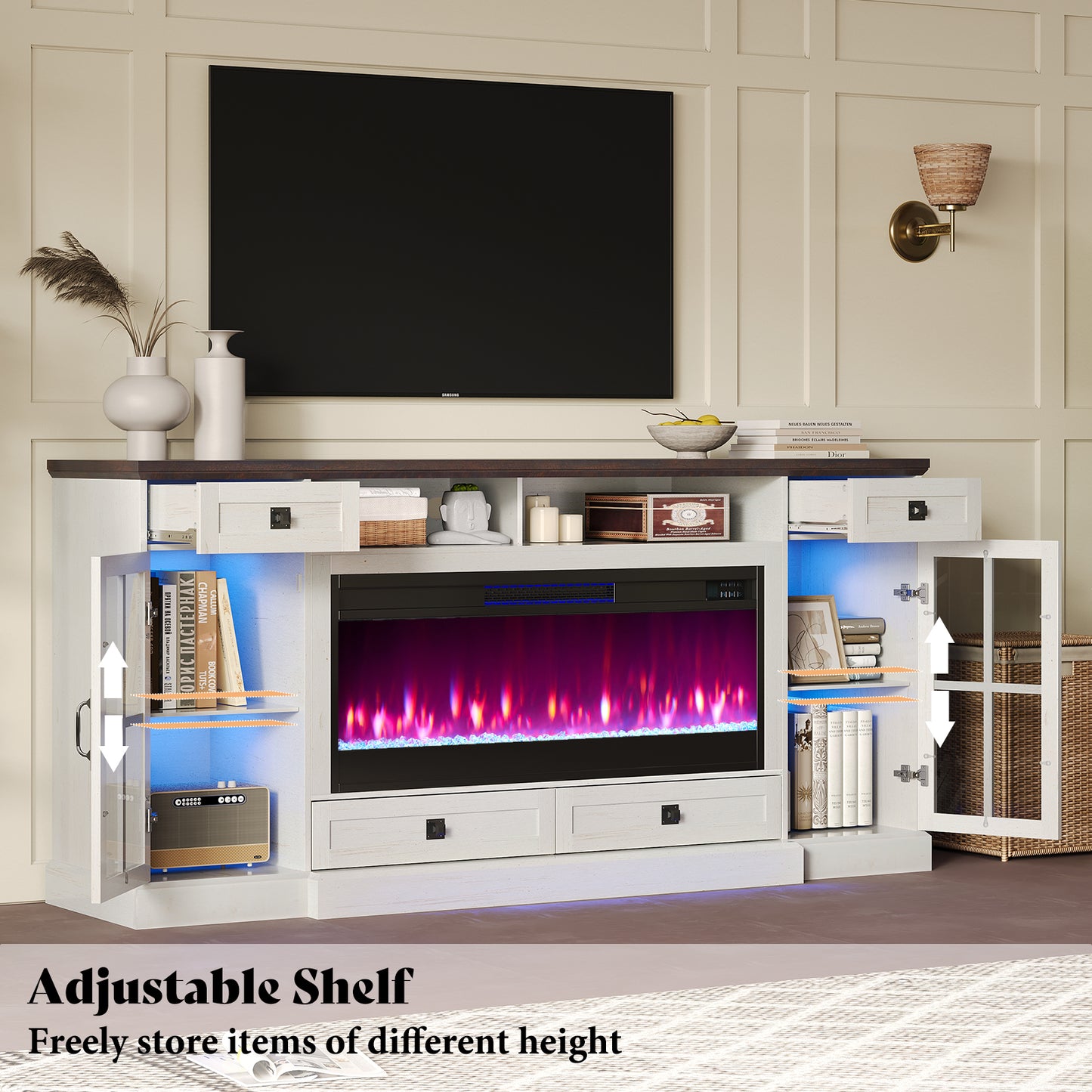 Merluxy 70“ Fireplace TV Stand for 80 Inch TV,Farmhouse TV Stand with 42" Fireplace & LED Lights,Entertainment Center with Storage Drawers & Cabinets,Antique White